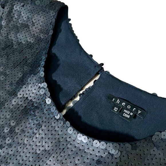 THEORY Sequin Dress Black Silk Maryanka Matte Stretch Mini Cap Sleeves A Line 10 - Picture 8 of 9